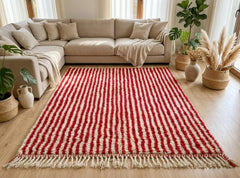 Red Striped Moroccan Rug – Handmade Beni Ourain Wool Area Rug, Modern Berber Boho Living Room Carpet
