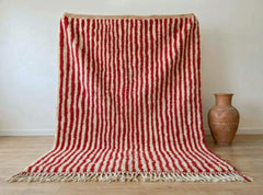 Red Striped Moroccan Rug – Handmade Beni Ourain Wool Area Rug, Modern Berber Boho Living Room Carpet
