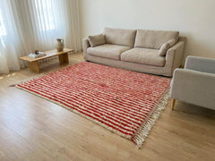 Red Striped Moroccan Rug – Handmade Beni Ourain Wool Area Rug, Modern Berber Boho Living Room Carpet
