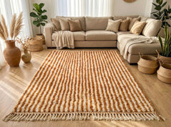 Striped Moroccan Wool Rug – Handmade Berber Carpet in Ivory and Terracotta Brown, Boho Area Decor