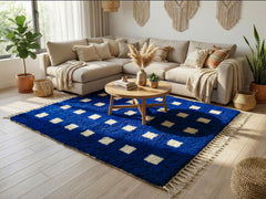 Blue Moroccan Rug – Custom Handmade Beni Ourain Checkerboard Area Carpet for Living Room Bedroom