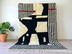 Handmade Abstract Moroccan Rug Black and White Wool Berber Carpet High Pile Modern Tribal Boho Living Room Decor
