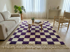 Handmade Dark Purple Checkerboard Moroccan Rug, Wool Berber Geometric Boho Area Carpet