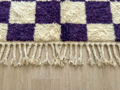 Handmade Dark Purple Checkerboard Moroccan Rug, Wool Berber Geometric Boho Area Carpet