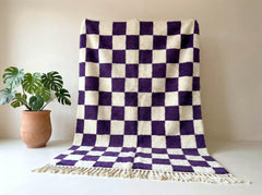 Handmade Dark Purple Checkerboard Moroccan Rug, Wool Berber Geometric Boho Area Carpet