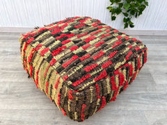 Moroccan Pouf with Quilted Leather - Textured Ottoman, Boho-Chic Footrest, Handmade with Diamond Stitching, Unstuffed