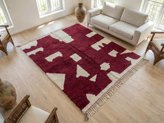 Burgundy Moroccan Beni Ourain Rug, Handmade Wool Abstract Area Rug