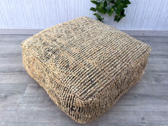 Moroccan Pouf with Macrame Accents - Bohemian Floor Cushion, Hand-Knotted Details, Unstuffed Cover, Neutral Tones