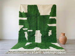 Green Moroccan Rug – Handmade Ivory Wool Berber Carpet with Abstract Geometric Pattern