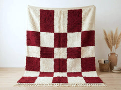 Checkered Moroccan Rug – Burgundy & Cream Wool Berber Carpet, Handmade Checkerboard Area Rug, Retro Geometric Eclectic Decor