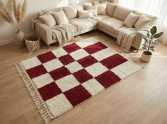 Checkered Moroccan Rug – Burgundy & Cream Wool Berber Carpet, Handmade Checkerboard Area Rug, Retro Geometric Eclectic Decor