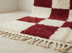 Checkered Moroccan Rug – Burgundy & Cream Wool Berber Carpet, Handmade Checkerboard Area Rug, Retro Geometric Eclectic Decor