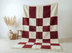 Checkered Moroccan Rug – Burgundy & Cream Wool Berber Carpet, Handmade Checkerboard Area Rug, Retro Geometric Eclectic Decor