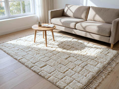 Moroccan Beni Ourain Wool Rug – Handmade Plush Cream Berber Carpet, Geometric Neutral Area Rug