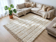 Moroccan Beni Ourain Wool Rug – Handmade Plush Cream Berber Carpet, Geometric Neutral Area Rug
