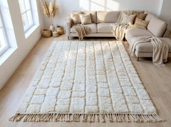 Moroccan Beni Ourain Wool Rug – Handmade Plush Cream Berber Carpet, Geometric Neutral Area Rug