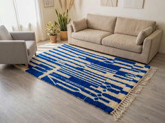 Blue Beni Ourain Rug – Handmade Moroccan Wool Carpet, Abstract Berber Design