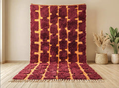 Burgundy Moroccan Wool Rug – Handmade Plush Berber Area Rug, Minimalist Boho Decor