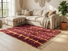 Burgundy Moroccan Wool Rug – Handmade Plush Berber Area Rug, Minimalist Boho Decor