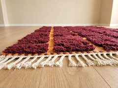 Burgundy Moroccan Wool Rug – Handmade Plush Berber Area Rug, Minimalist Boho Decor