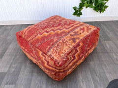 Moroccan Pouf with Family Crest - Heraldic Symbol + Tribal Motifs, Ancestral Boho Heirloom