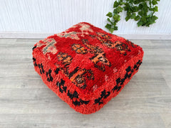 Moroccan Holiday Pouf - Festive Kilim Cushion, Red & Gold Berber Patterns, Christmas or Eid Decor, Handmade Boho Accent