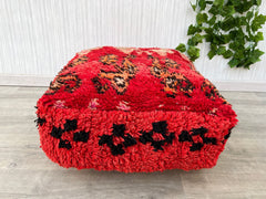 Moroccan Holiday Pouf - Festive Kilim Cushion, Red & Gold Berber Patterns, Christmas or Eid Decor, Handmade Boho Accent