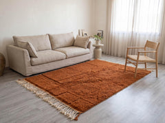 Terracotta Beni Ourain Rug, Thick Textured Moroccan Wool Area Rug, Minimalist Berber Carpet