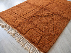 Terracotta Beni Ourain Rug, Thick Textured Moroccan Wool Area Rug, Minimalist Berber Carpet