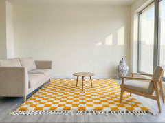 Mustard Checkerboard Moroccan Rug Beni Ourain Handmade Wool Berber Area Rug