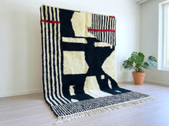 Abstract Moroccan Rug – Handmade Beni Ourain Wool Carpet, Black Ivory Striped Berber Rug, Modern Boho Area Decor