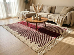 Handwoven Beni Ourain Wool Rug – Ivory Burgundy Stripe Boho Carpet