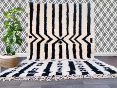 Stylish Blue Moroccan Rug—Handmade, Striped Tufted Wool Beni Ourain Area Rug (8x10) for your living room.