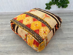 Moroccan Pouf, Beni Ourain Floor Cushion, Blue Geometric Patterns, Boho Berber Pouf, Wool Meditation Cushion, Handmade