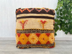 Moroccan Pouf, Beni Ourain Floor Cushion, Blue Geometric Patterns, Boho Berber Pouf, Wool Meditation Cushion, Handmade