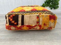 Moroccan Pouf, Beni Ourain Floor Cushion, Blue Geometric Patterns, Boho Berber Pouf, Wool Meditation Cushion, Handmade