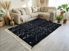 Black Moroccan Beni Ourain Rug – Handmade Wool Berber Carpet with Tribal Diamond Pattern