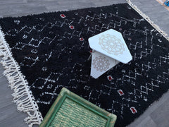 Black Moroccan Beni Ourain Rug – Handmade Wool Berber Carpet with Tribal Diamond Pattern