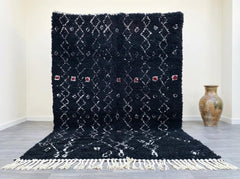 Black Moroccan Beni Ourain Rug – Handmade Wool Berber Carpet with Tribal Diamond Pattern