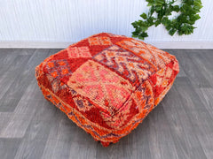 Moroccan Pouf as Plant Stand - Leather-Topped Ottoman, Multi-Use Decor, Holds Plants or Books, Boho Living Room Accent