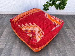 Moroccan Kilim Pouf, Floor Pouf, Vintage Moroccan Ottoman, BeniOurain Pouf, Meditation Cushion, Outdoor Red Kilim Pillow Cover